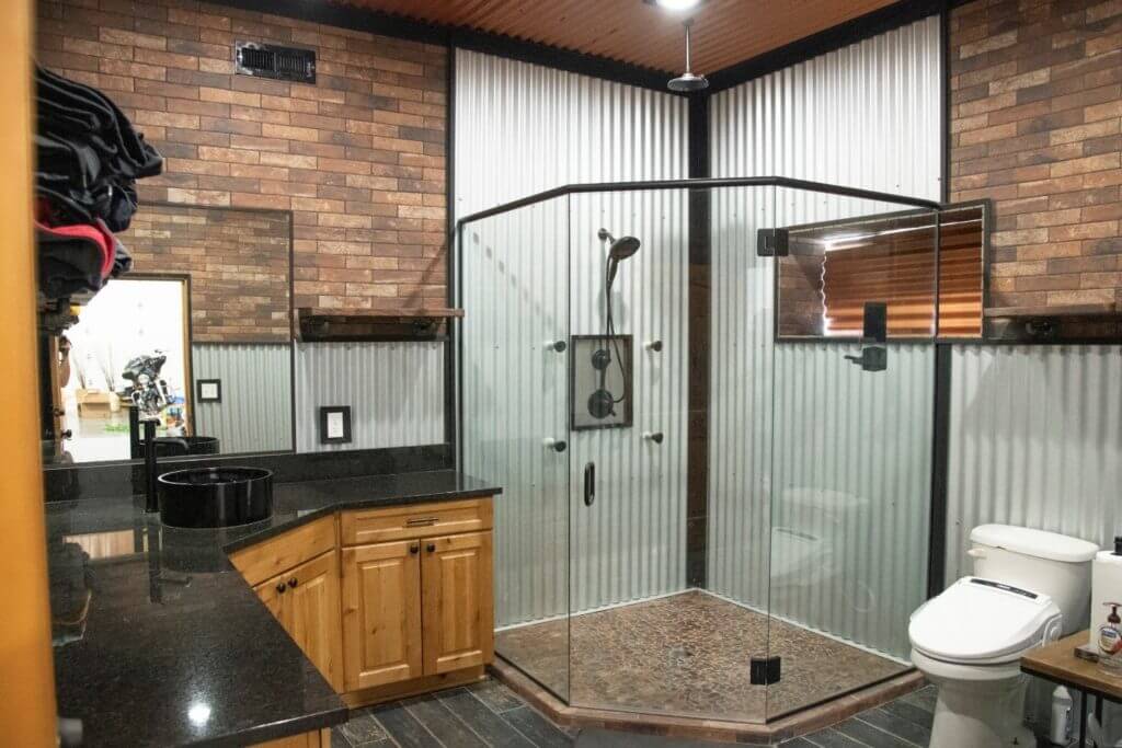 Barndominium Interior with Corrugated Interior Bathroom Walls